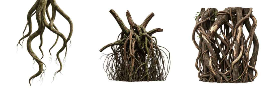 Set and collection of organic dry plant tree roots bundle macro photography view forest wood botanical garden biology asset isolated on white transparent png background