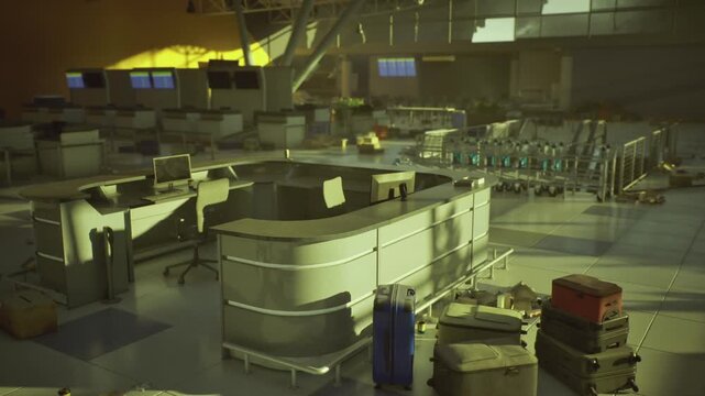 Empty airport check in counters bathed in golden light, unattended kiosks, scattered luggage trolleys, security barriers down, echoing concourse, travel halt