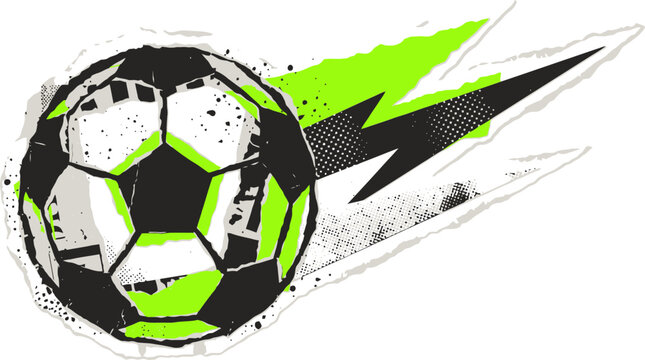 Grunge soccer ball vector illustration with lightning bolt, dynamic football graphic in neon green and black, sporty athletic apparel design element