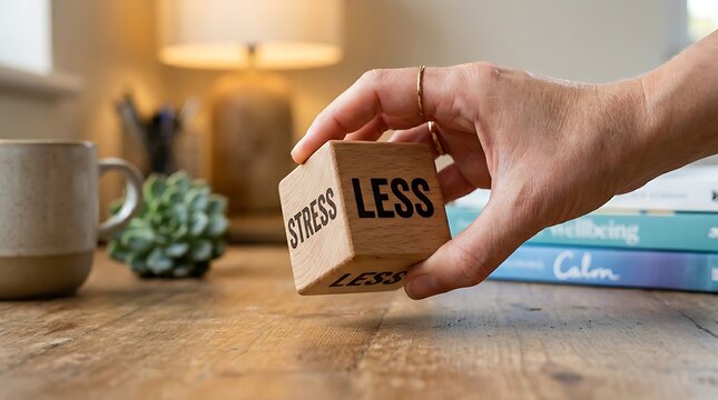Hand holding wooden block with stress less message on desk with books