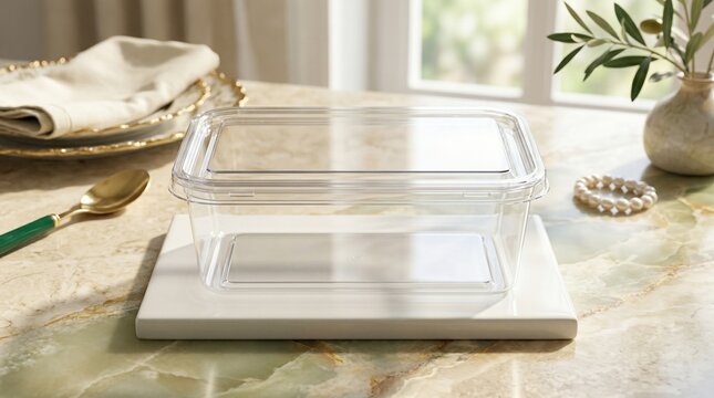 キッチンのテーブルに置かれた透明なプラスチック製食品保存容器。空の容器のモックアップ。料理と食事の準備