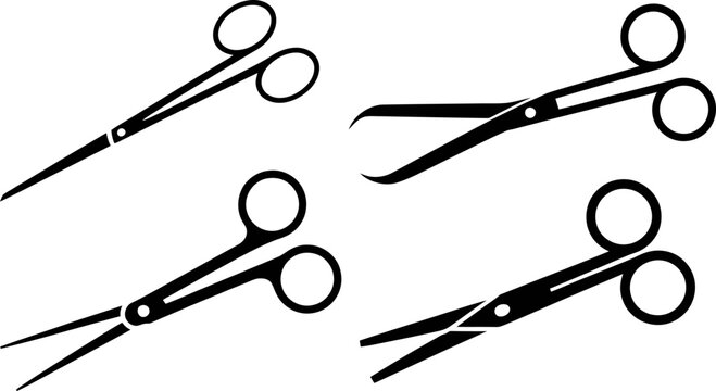 Medical scissors vector icons set, surgical instruments, doctor tools, sharp cutting device, healthcare equipment silhouette.