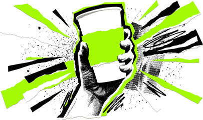 Grungy punk rock coffee cup vector illustration, hand holding paper cup with neon green accents, edgy street art style beverage graphic © 成 sнıηяα тєηsєı ツ