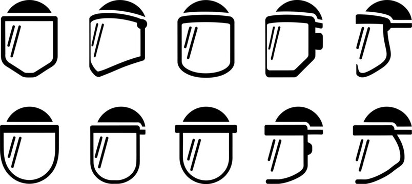 Professional face shield vector icons showing medical protection gear for personal health safety against airborne particles and infectious viruses in clinical work.