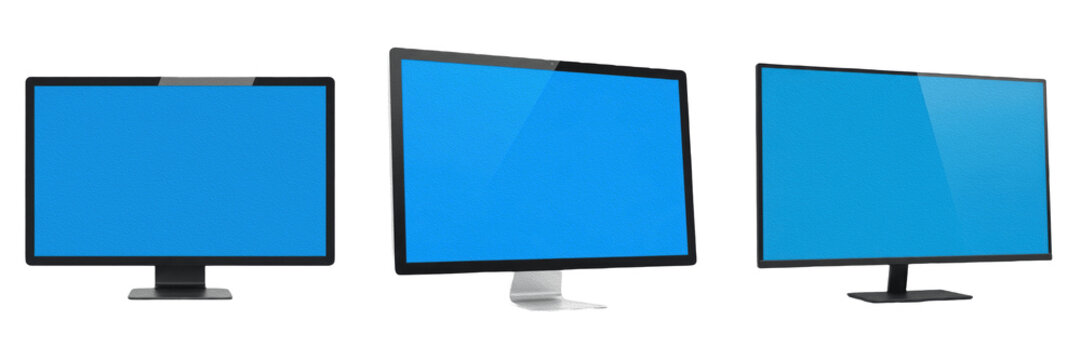 Set and collection of sleek modern flat screen computer desktop monitor with vibrant bright blue digital screen glowing display asset isolated on white transparent png background