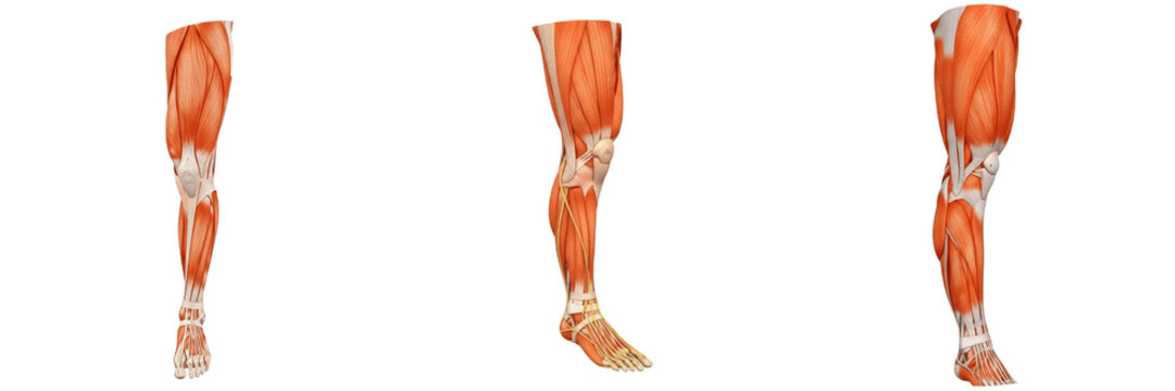 Set and collection of human leg lower limb anatomy model showing major muscle groups fibers and tendon structures medical education isolated on white transparent png background