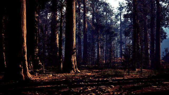 Sunrise lights up foggy forest. Early morning reveals misty trees in forest. Sunrise illuminates shadowed woods and foggy pine landscape at dawn