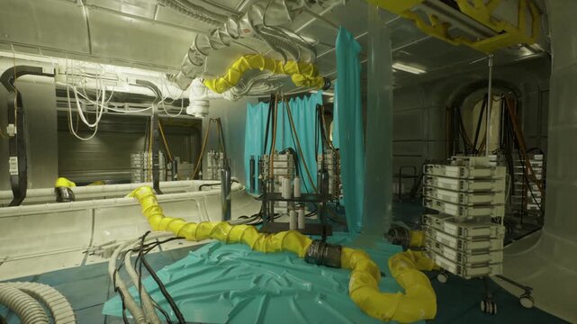 Containment area with teal curtains hoses, coiled ducts and liquid collection pool, equipment carts, industrial tenting, maintenance isolation vibe