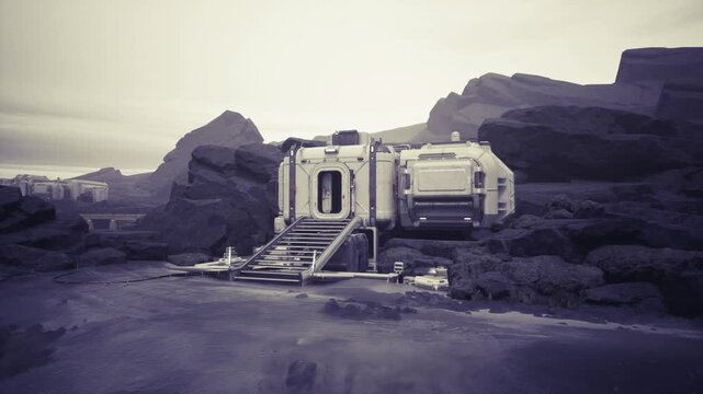 Solitary habitation module near rock outcrop with entrance steps, warm interior glow, solar panel cluster and storage crates, windswept ground conveying