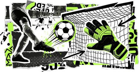 Grunge soccer collage with goalkeeper gloves and ball, urban street art football illustration, neon green and black sports vector background © 成 sнıηяα тєηsєı ツ