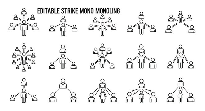 Editable mono line icons of people networking and teamwork.