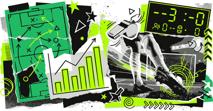 Soccer analytics collage with tactical board and data charts, football sports statistics vector, neon green and black grunge athletic background