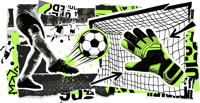 Grunge soccer collage with goalkeeper gloves and ball, urban street art football illustration, neon green and black sports vector background