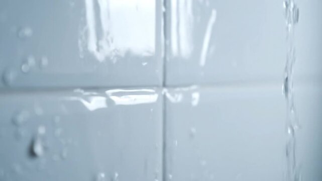 Water droplets on white bathroom tiles, close-up, refreshing shower, clean surface, abstract liquid texture.