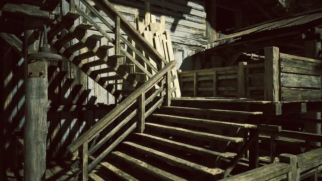 Sunlit wooden stair with graphic shadows, restored warehouse interior with crisp highlights on handrails and landing, warm grain textures on planks, repeating