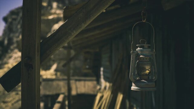 Metal lantern swaying under twilight sky, cold blue highlights and deep shadows sculpt dilapidated timber, lantern glass reflecting distant ridge, moody