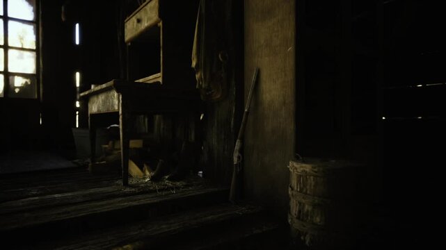 Shadowed cellar aisle with barrels, slatted light beams cutting through cracks, dust layered floor, wooden racks and stacked crates suggest longterm storage