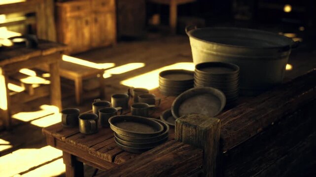 Large basin and stacked dishes basking in soft sunlight, assorted mugs and plates arranged on rugged wooden table, cottagecore calm, sustainable kitchen
