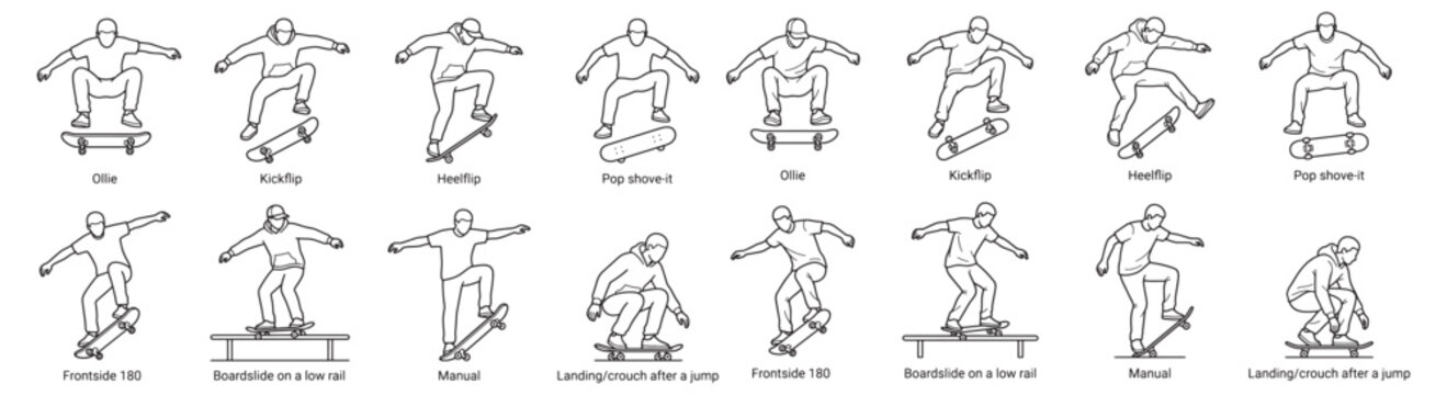 Skateboard Tricks Line Art Set Skater Jump Kickflip Ollie Sport Vector Collection