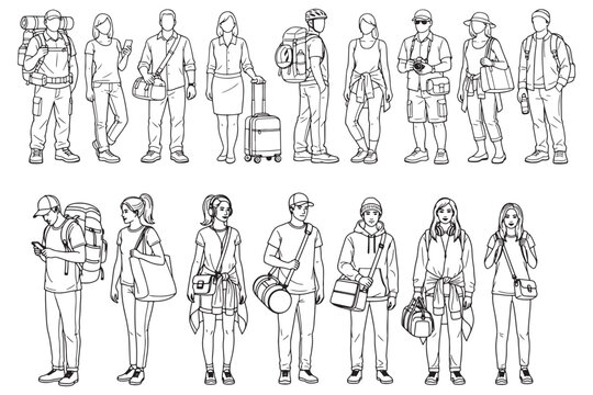 Travelers Line Art Collection of People With Backpacks, Luggage and Casual Outfits Standing and Walking