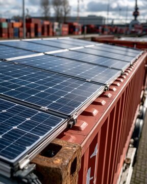Medium shot focusing on the installation of rigid solar panels on a reefer container roof emphasizing durability and highefficiency energy support for refrigerated transport.