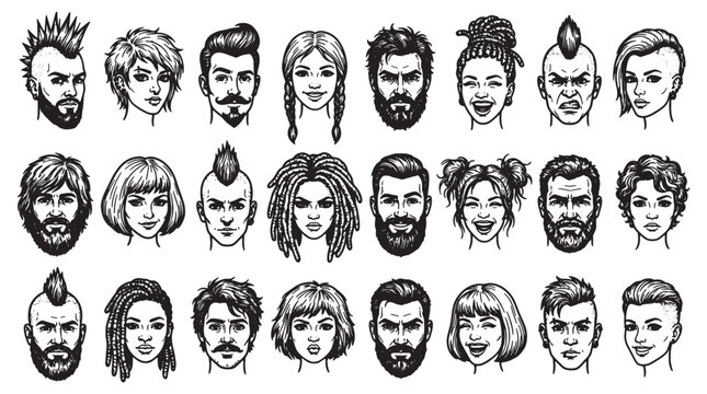 Black And White Portrait Set Of Diverse Faces And Hairstyles Line Art Vector Headshots