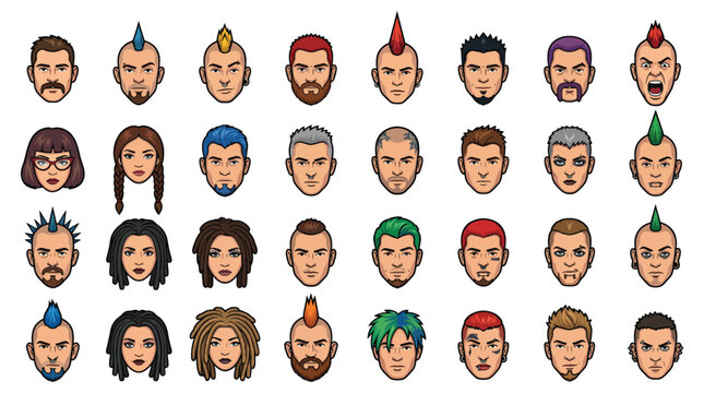 Colorful Avatar Faces Set With Punk Hairstyles, Diverse Portraits and Cartoon Headshot Icons