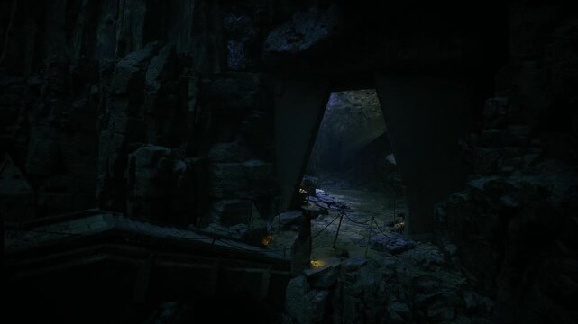 Narrow grotto arch framing distant light and damp stone steps leading into shadowed corridor, textured walls with moss and subtle warm lamps hinting at hidden
