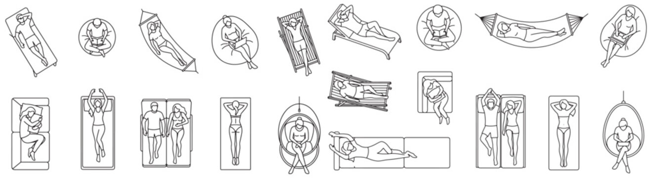 Top View Line Art of People Lounging, Relaxing and Sunbathing on Beds, Loungers and Hammocks