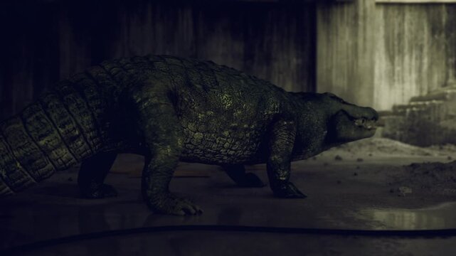 Shadowy crocodile prowling flooded concrete dock, nighttime suspense with low light reflections, wet skin gleaming in puddles, stealthy silhouette evokes noir