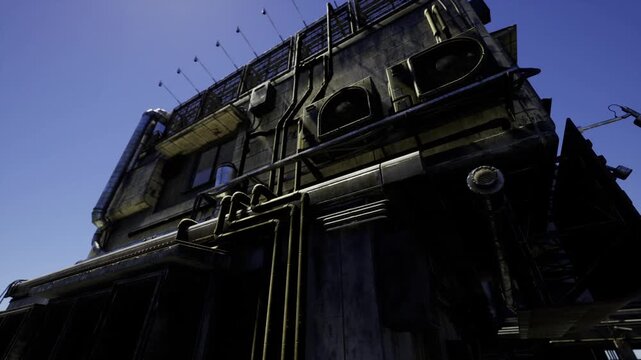 Lighting emphasizes industrial architecture features. Dusk light illuminates factory with metallic surfaces and contrasting shadow patterns vividly