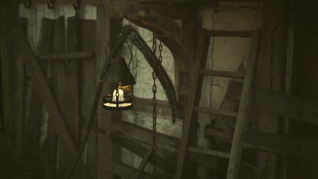 Dim lantern hanging in attic rafters, warm amber glow highlighting dust, cobwebbed beams, weathered window and textured wood surfaces, moody lowlight atmosphere