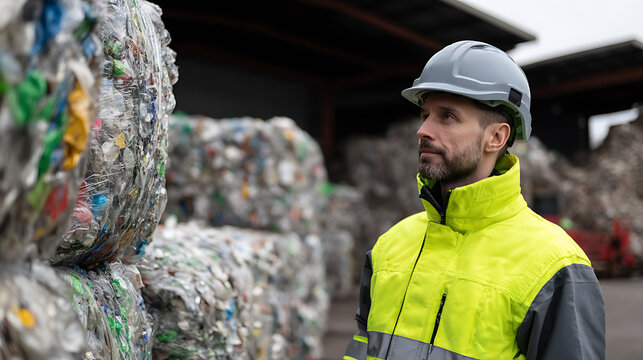 Dedicated worker in protective gear oversees a large-scale recycling operation with stacks of compressed plastic bottles for environmental sustainability