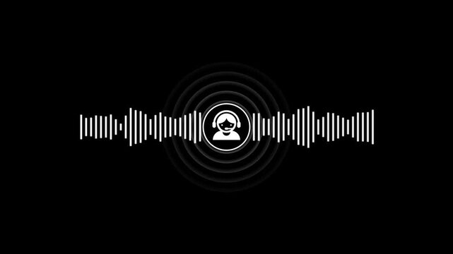 White audio waveform with a customer service headset symbol on a black background