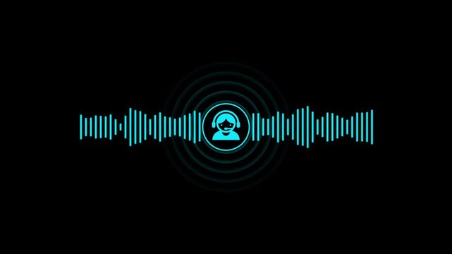 Cyan audio waveform with a customer service headset symbol on a black background
