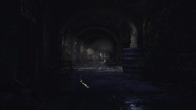 Shadowy basement doorway leading to barrels, timber beams and brick arch, faint amber glow hints at hidden speakeasy beyond, dust motes in stagnant air creating