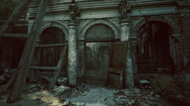 Collapsed stone colonnade framing dark passage and scattered debris, arches half intact with fallen capitals, damp floor littered with broken tiles, atmosphere
