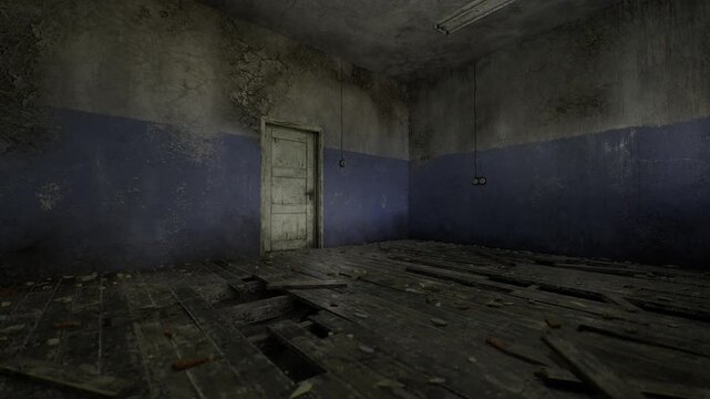 Abandoned corridor with weathered door and dim side light, scattered debris, heavy concrete textures, cinematic mood for thriller or exploration projects