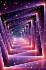 Obraz premium Abstract infinite corridor of glowing purple geometric tunnel with neon stars and futuristic depth