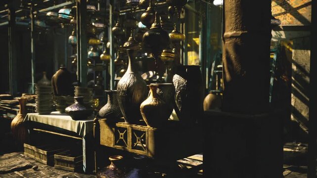 Golden light aisle albalad market, rows of brass and copper vessels casting long shadows on cobbles, warm nostalgic mood, quiet historic trading lane