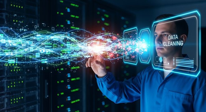Data cleansing process. An IT professional's hands 'purify' a data stream hologram, passing it through a virtual 'filter' that removes bug icons, representing data cleansing.
