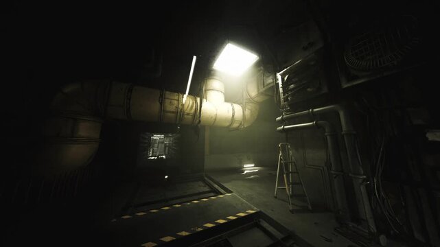 Moody underground tunnel with yellow ducts, diffuse skylight from ceiling hatch, worn catwalk, dangling cables, industrial control box and thick dust motes