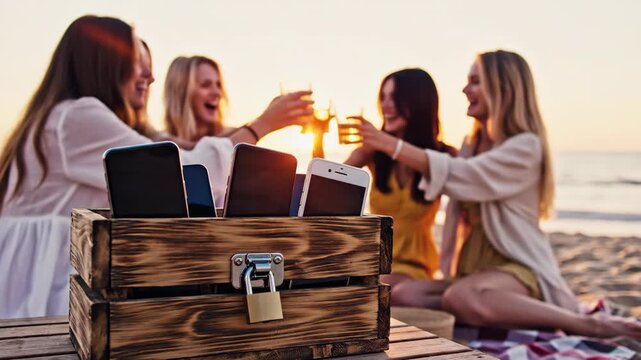 Women putting smartphone in wooden box on beach during sunset. Group of girls leaving mobile device in locked crate for digital detox. Socializing outdoor event.