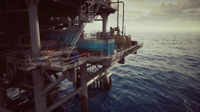Oil rig platform at golden sunset, calm ocean and distant horizon, broad deck and derrick silhouette conveying solitude and scale, textured steel and weathered