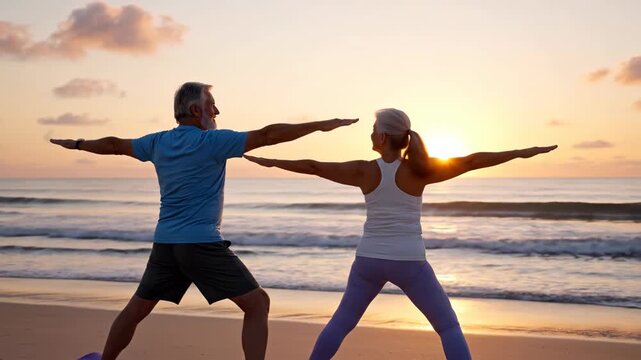 Man and woman doing yoga on beach at sunset. Active seniors exercising together outdoors. Healthy lifestyle practice during golden hour near ocean sea waterline.
