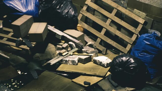 A hidden alleyway reveals a chaotic scene of discarded items and debris under dim light. Blue tarps, wooden pallets, and boxes create a story of neglect and urban life.