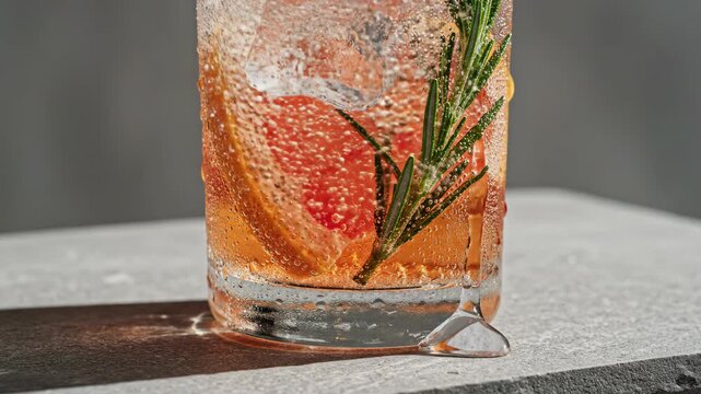 Cold cocktail with grapefruit slice and rosemary in glass. Refreshing drink with ice cubes on stone surface. Summer alcohol beverage served in transparent vessel.