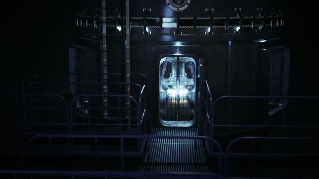 Narrow metal catwalk leading to reactor access, safety railings and worn grating, distant blue glow and low mechanical hum, industrial maintenance mood