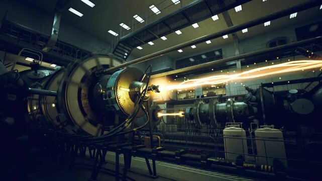 Alignment bay for high energy engine showing precision mounts and power conduits, glowing alignment lasers and tool crates, atmospheric dust motes and focused