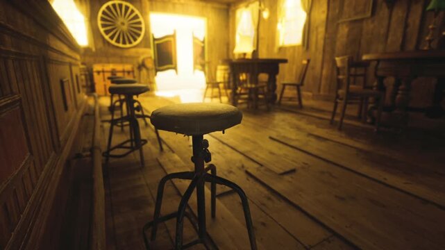 Abandoned pub interior bathed in warm light and dust, empty chairs and worn counters hint at history, timeworn timber and silence convey melancholic nostalgia